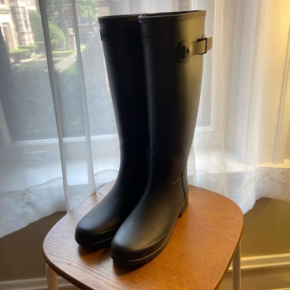 Hunter Original Refined Wide Calf Rain Boot Matte with silver buckles.